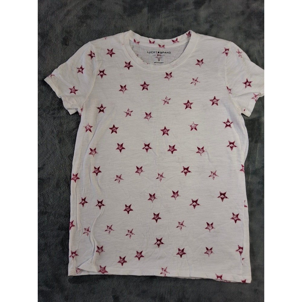 Lucky Brand Womens White Burgundy Red Star Print Slub Knit T-Shirt Small